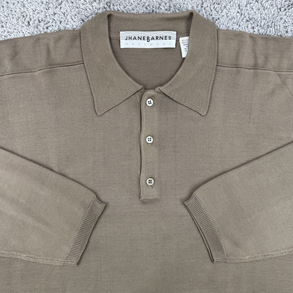 Jhane Barnes Sweater Polo Men's L Beige 100% Silk Long Sleeve Old Money